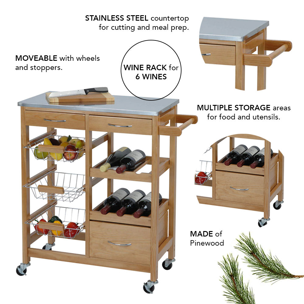 Pinewood Kitchen Trolley with Stainless Steel Countertop