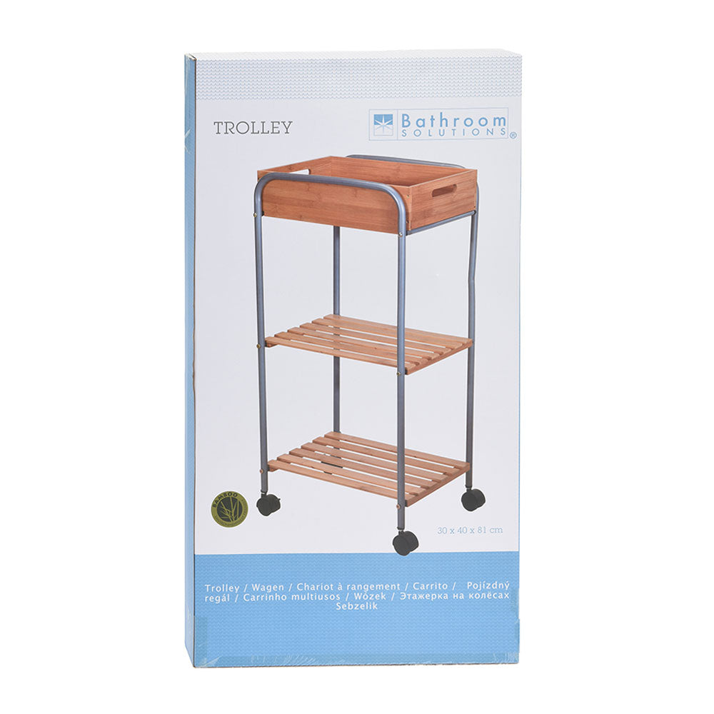 Bamboo Trolley on 4 Wheels with 2 Shelves and Removable Tray