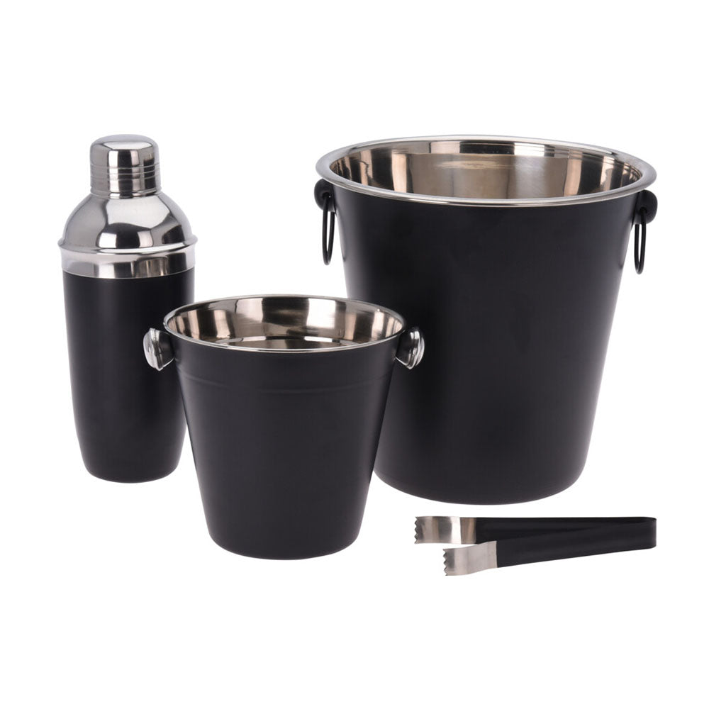 Stainless Steel Bar Set of 4 with 500ml Cocktail Shaker, 1 Ice Bucket, 1 champagne cooler and 1 Tong is a all in 1 cocktail set for bars, home bars, events and parties. The ice buckets will keep your wine, brandy, vodka and other beverages cold. Dishwasher safe, but hand washing is recommended. Size packed: 23 x 23 x 23cm. Bags Direct wholesale online shop A12405600