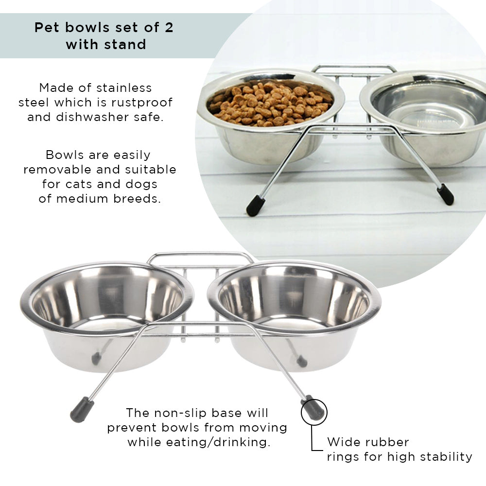 Pet Bowls on Stand - Set of 3 Pieces - Stainless Steel