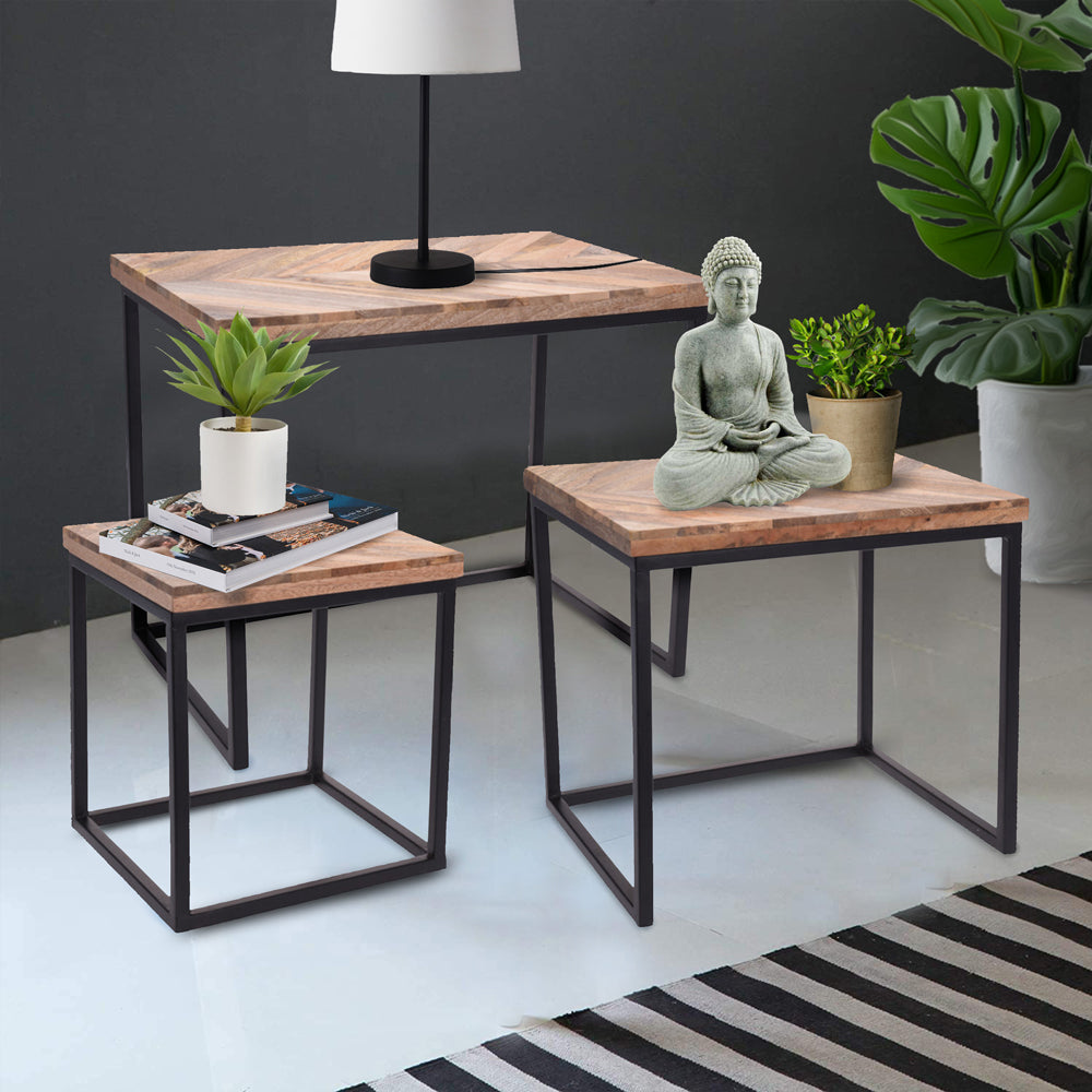 Mesas auxiliares de madera de mango - Diseño apilable - 3 piezas - Ecológicas