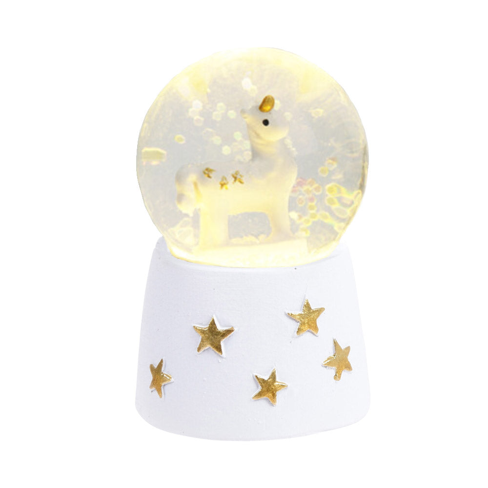 Boule à Neige Boule à Eau avec Licorne sur Base Blanche avec Étoiles Dorées et LED Blanc Chaud