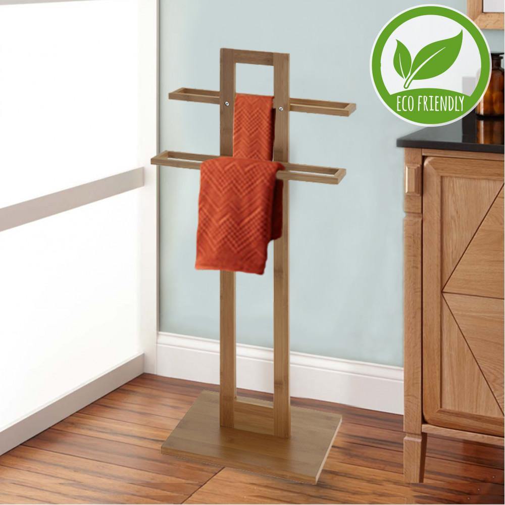 Eco-friendly bamboo towel rack with 2 layers on stand for bathroom and shower. Easy to assemble and lightweight. Comes with 2 towel rails. It can hang up to two towels or clothes to air-dry or access. Bamboo material is waterproof and won't wither away. Solid base to keep it from tipping over. Size: 37 x 25 x 85cm. Bags direct wholesale online shop