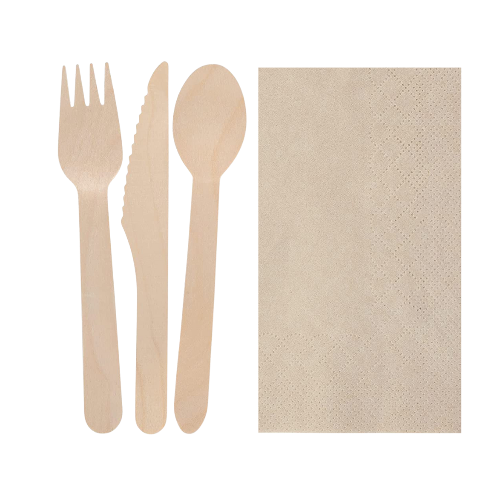 Disposable Cutlery Set with 3-Ply Paper Serviettes - Set of 24 - Eco-Friendly