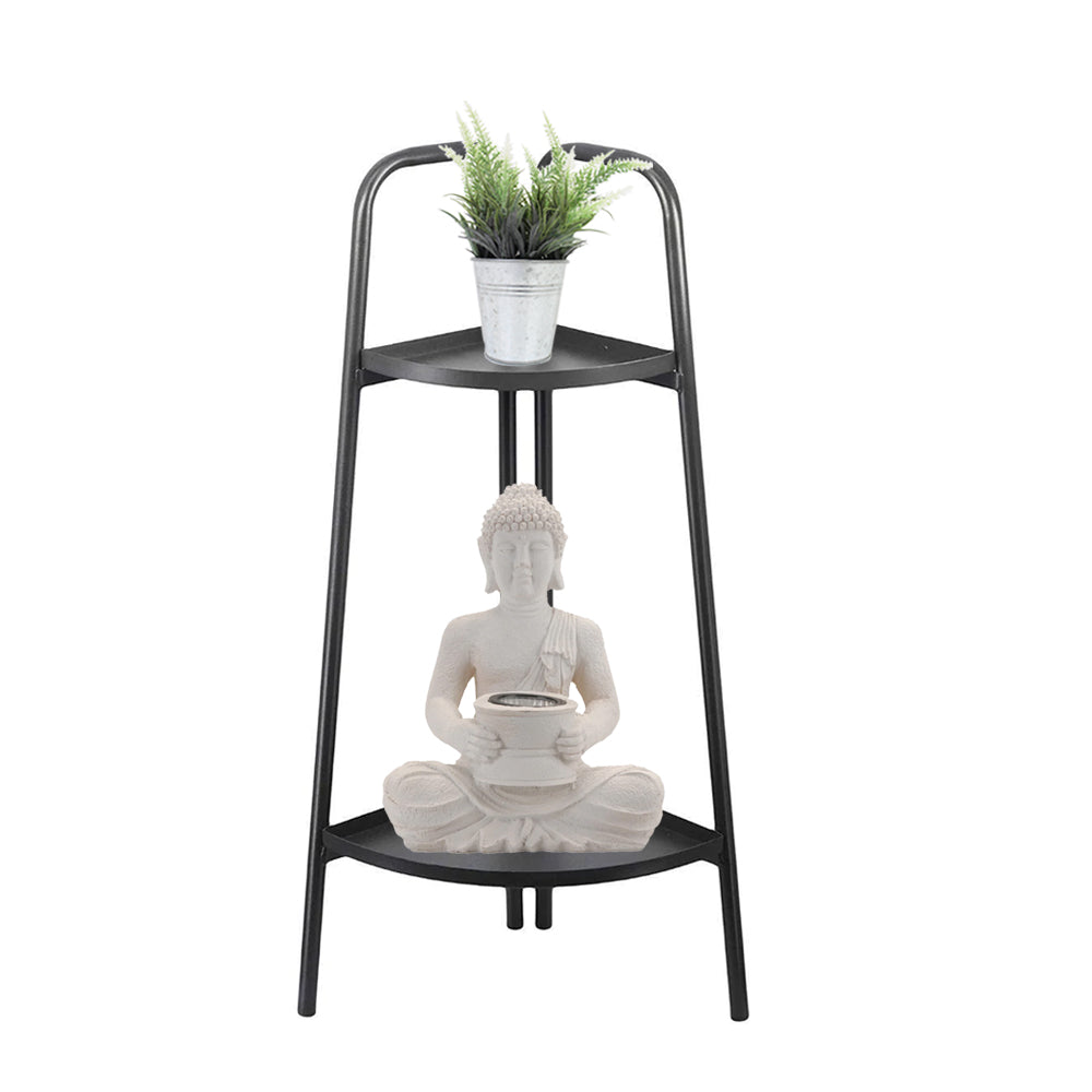 Heimdekoration – Solar-Buddha, Eckregal mit 2 Etagen, künstliche Pflanze