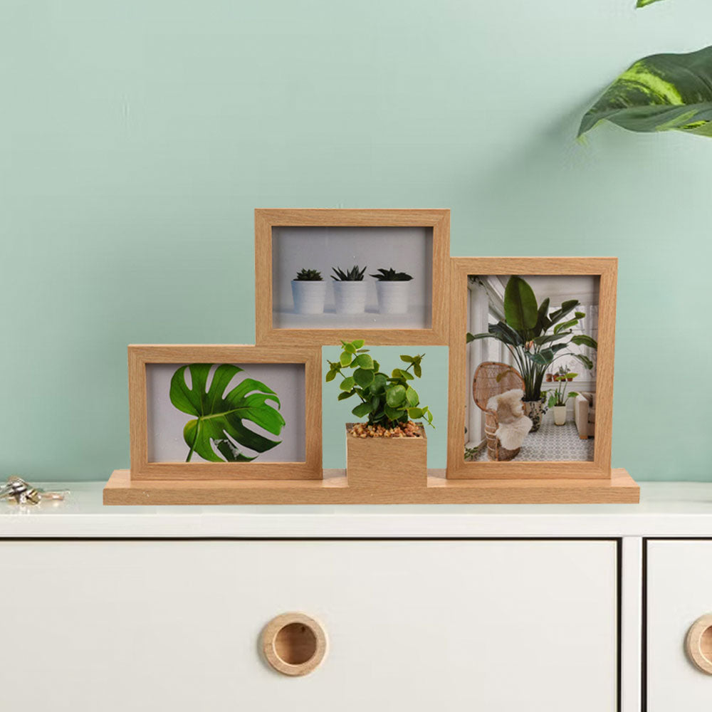 Cadres photo en bois pour 3 photos avec plante artificielle sur étagère