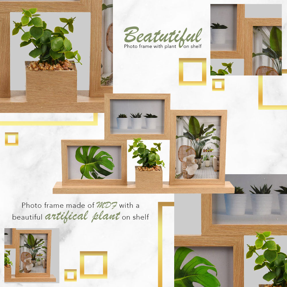 Wooden Photo Frames for 3 Photos with Artificial Plant on Shelf
