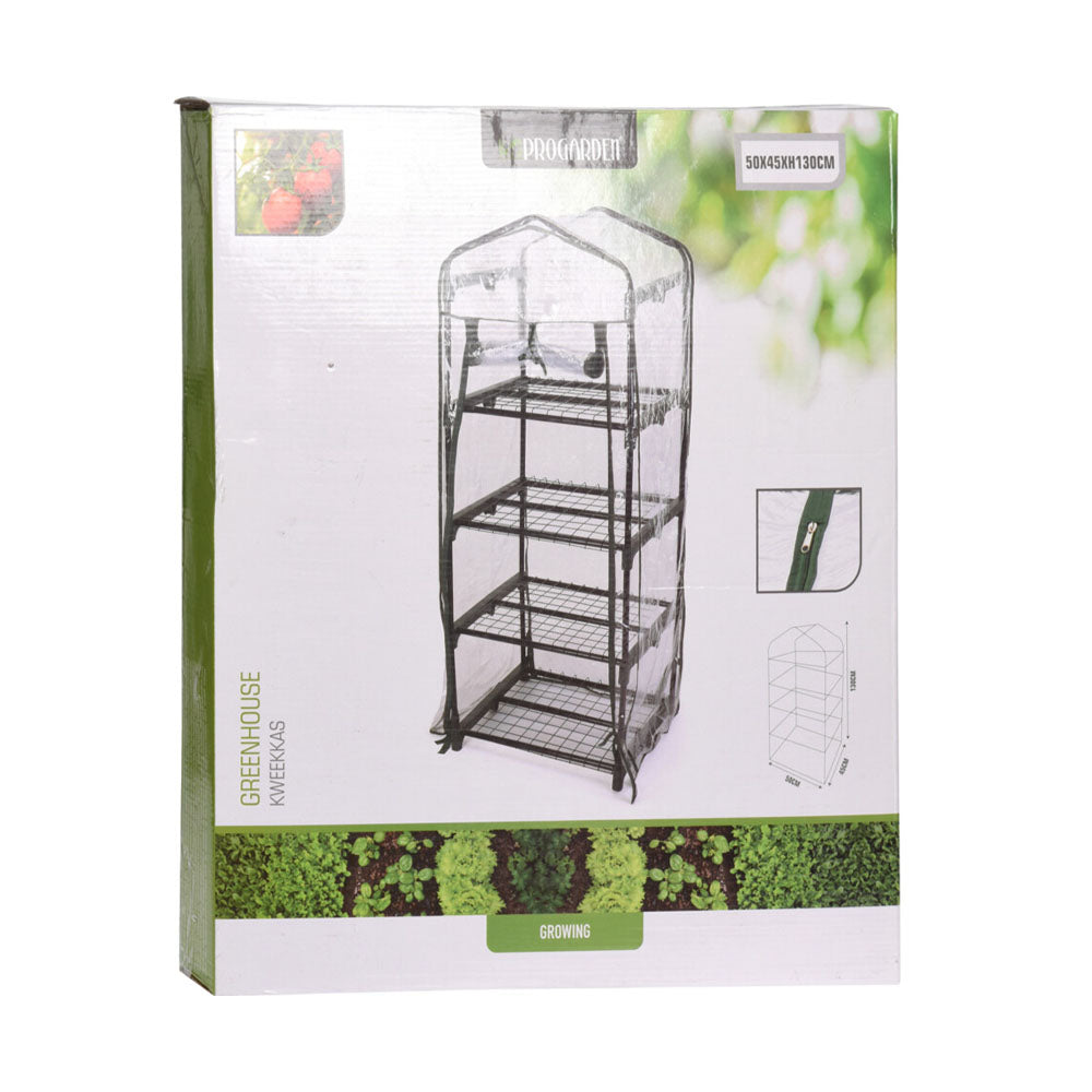 Bags Direct Greenhouse with Transparent Cover - 4 Tier Growing Shelves. Metal + Foil. Size: 50 x 45 x 130cm (LxWxH). CE6500040 - 8719202169164 agricultural farmers and gardeners.