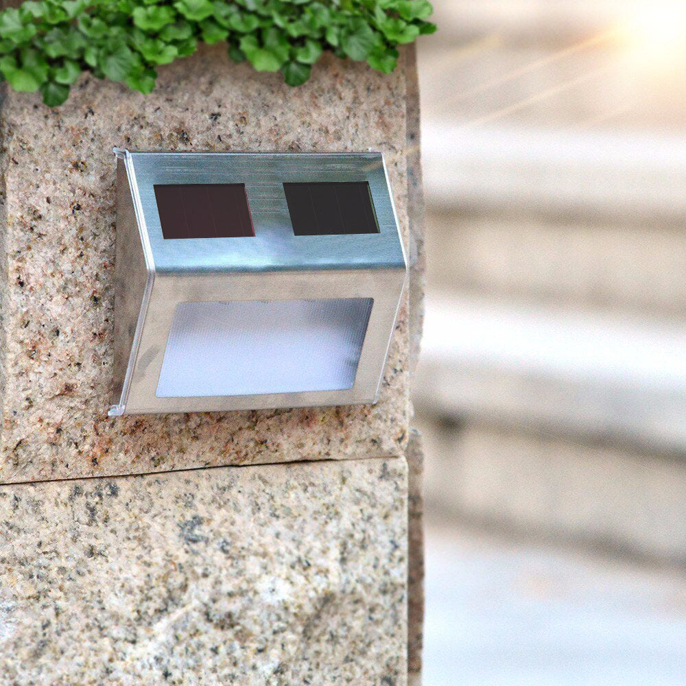 Wall mount stainless steel solar light set of 4 pieces are designed to be mounted onto any wall with direct sunlight. It is integrated with concealed solar cells making it 100% eco-friendly as solar-powered. It is cable-free and has a sensor, so it switches on and off automatically. Warm white LED lights. 6 hours light. Bags Direct wholesale online shop DT2100250