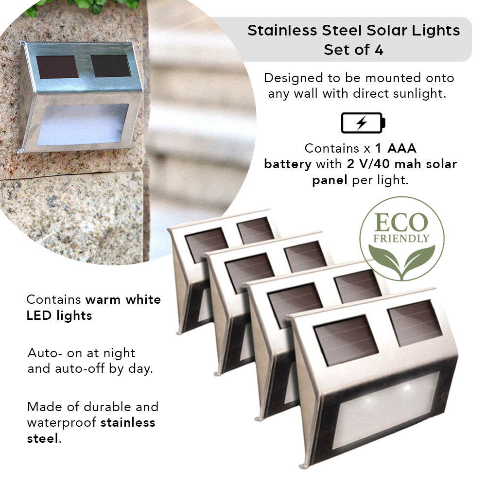 Solar Lights Set of 4 - Wall Mount - Stainless Steel