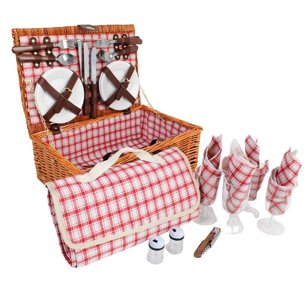 Willow Picnic Basket with Foldable Picnic Blanket for 4-Person - Pink Checkered Design