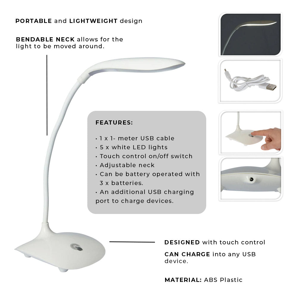 Tischlampe mit Touch-Steuerung und 1 m USB-Kabel – 5 weiße LEDs
