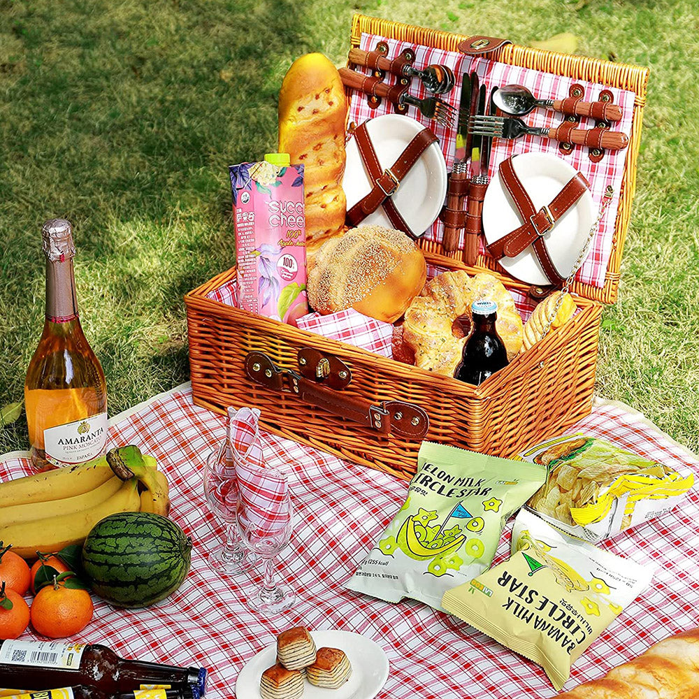 Willow Picnic Basket with Foldable Picnic Blanket for 4-Person - Pink Checkered Design