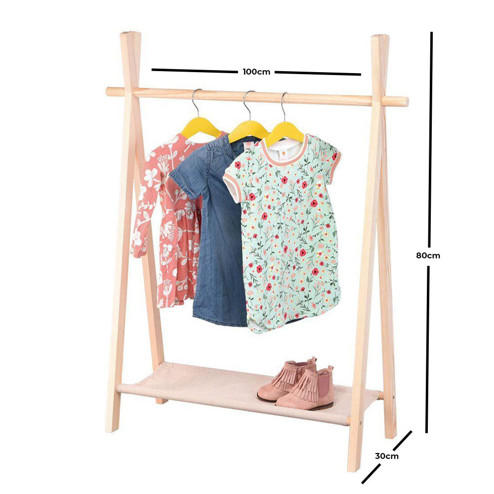 Eco-Friendly 100cm Pinewood Clothes and Shoe Rack. The clothes rack has the shape of a tipi tent and is made of natural wood. All clothes sucks as jackets, tops and pants of your child can easily be hung at the top of the rack, the shelf at the bottom is ideal for shoes. Size: 80 x 30 x 100cm. Bags Direct wholesale online shop NB1990070