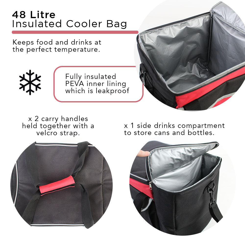 Insulated Cooler Bag with 2 x Side by Side Pockets and Carry Handles - 48L