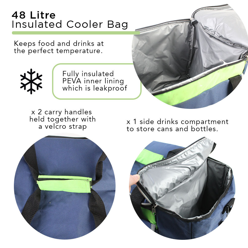 Insulated Cooler Bag with 2 x Side by Side Pockets and Carry Handles - 48L