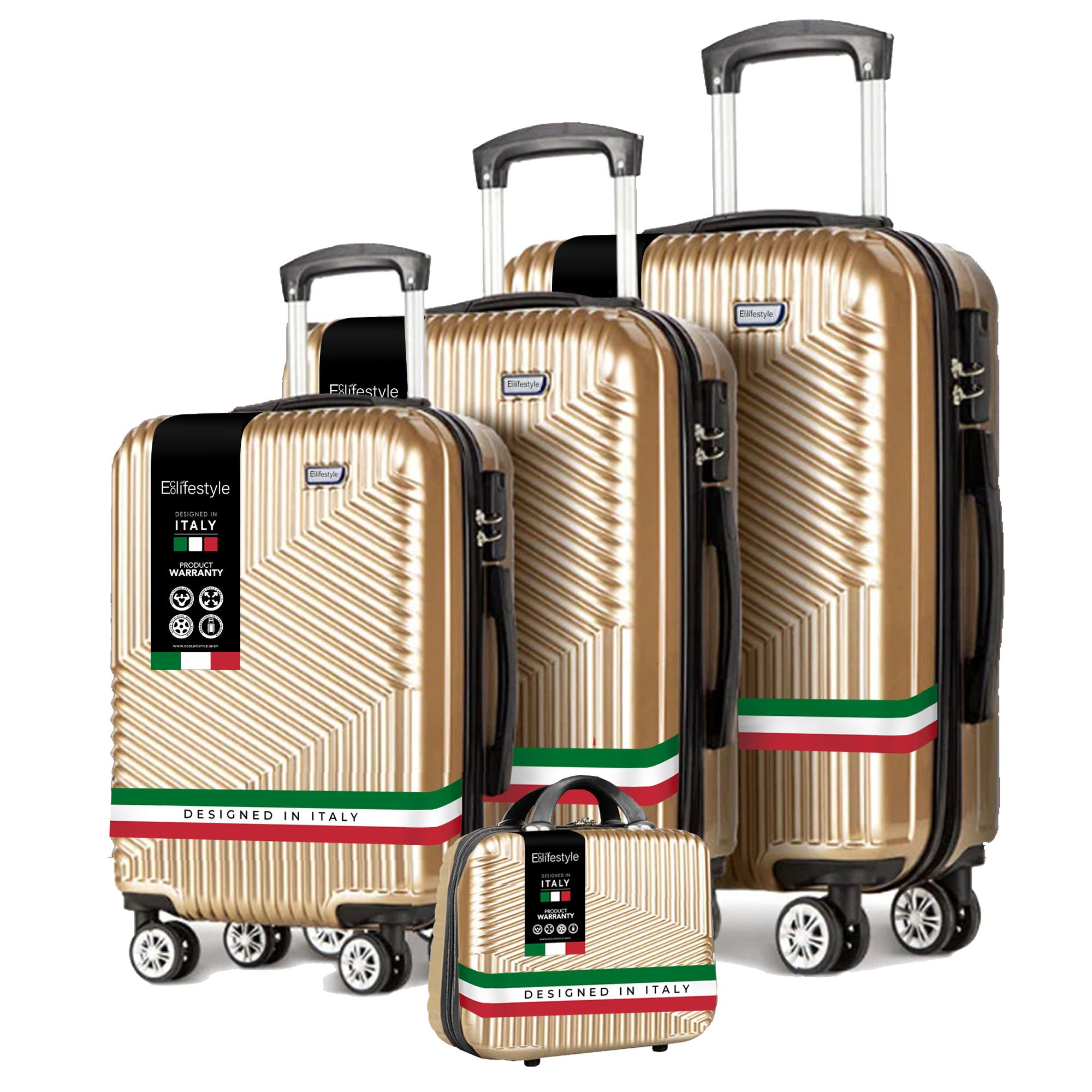 Juego de maletas rígidas con ruedas giratorias de 360° y candado TSA - Diseño Roma dorado