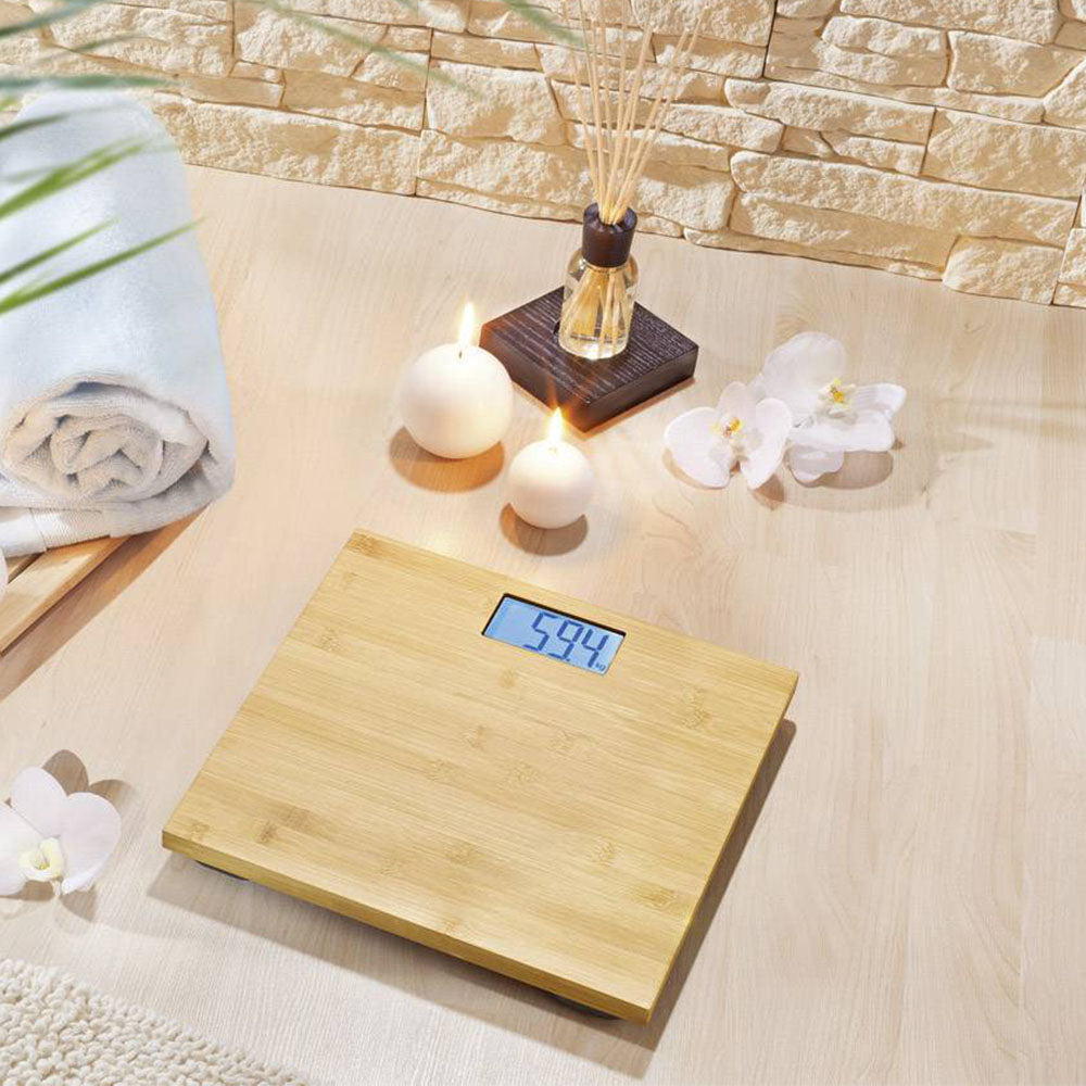 Eco-friendly bamboo personal weight scale with LCD display helps you keep track of your weight. The scale measures 30 x 30 x 3cm and has 4 non-slip buttons on the bottom of the weight, which keep the scale in place. The digital scale works with 2 x AAA 1.5V batteries. The maximum weight of the personal scale is 180kg. Bags Direct wholesale online shop YM3000030