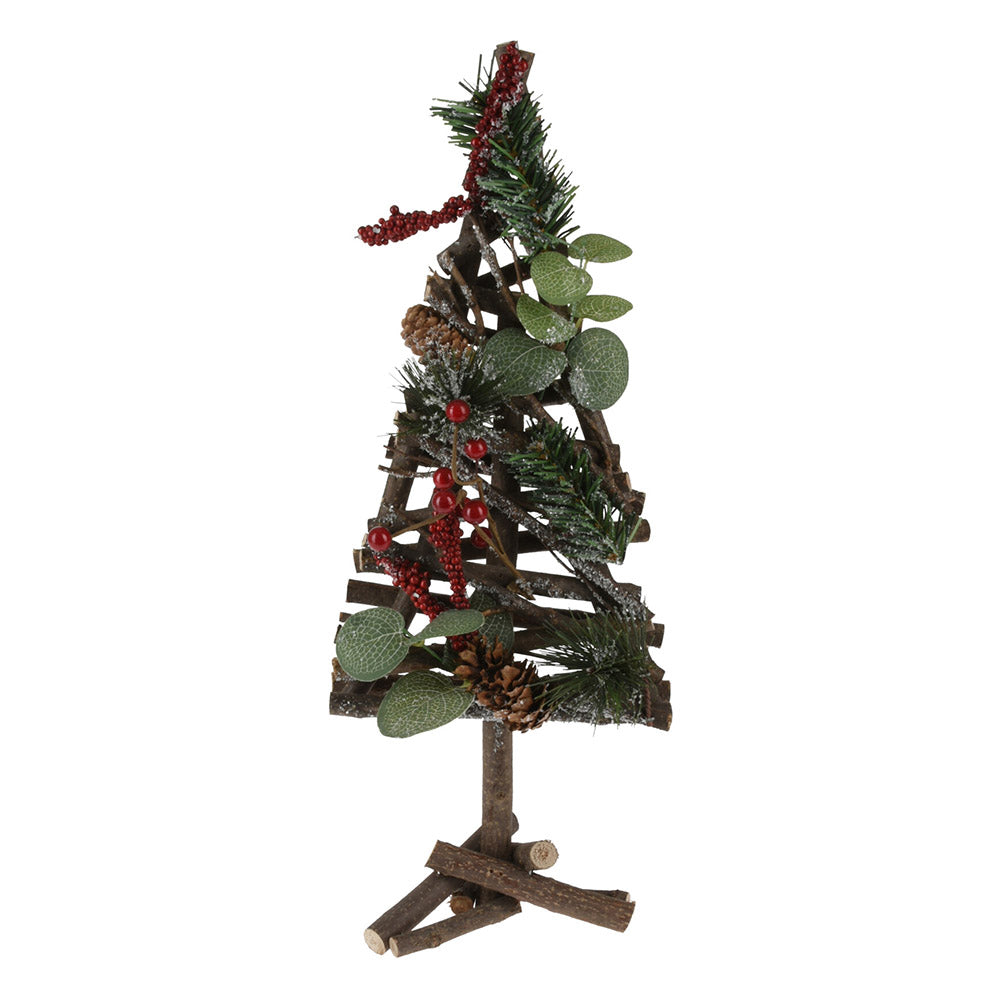 Christmas Tree with Red Berries, Wood, and Pine Cones