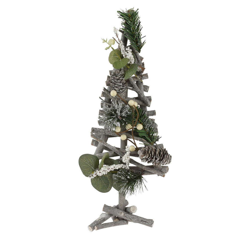 Xmas Tree with White Colour Berries, Wood, and Pine Cones