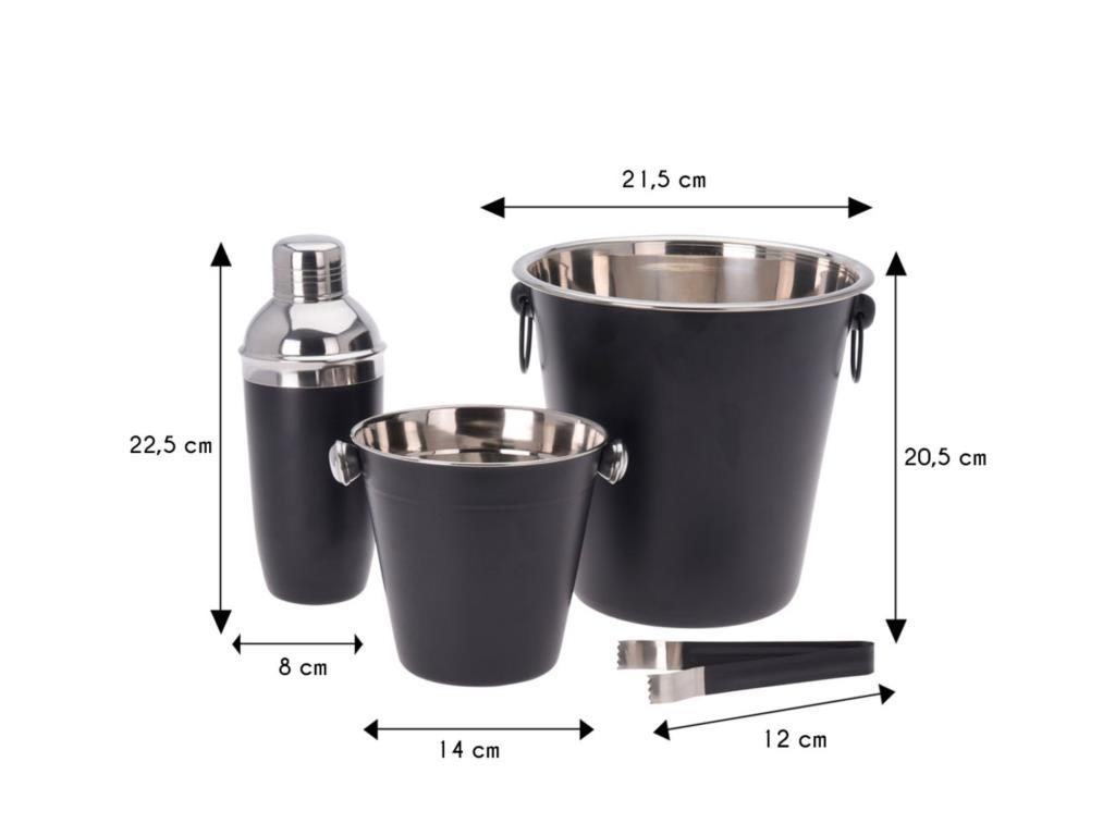 Stainless Steel Bar Set of 4 with 500ml Cocktail Shaker, 1 Ice Bucket, 1 champagne cooler and 1 Tong is a all in 1 cocktail set for bars, home bars, events and parties. The ice buckets will keep your wine, brandy, vodka and other beverages cold. Dishwasher safe, but hand washing is recommended. Size packed: 23 x 23 x 23cm. Bags Direct wholesale online shop A12405600