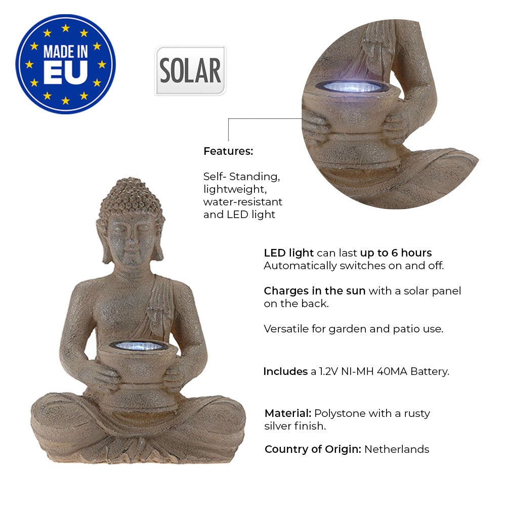 Buddha-Statue – solarbetriebene Leuchte – Polystone-Gartenleuchte – braunes Design 